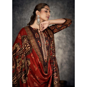 Brown Printed With Embroidered Pashmina Suit