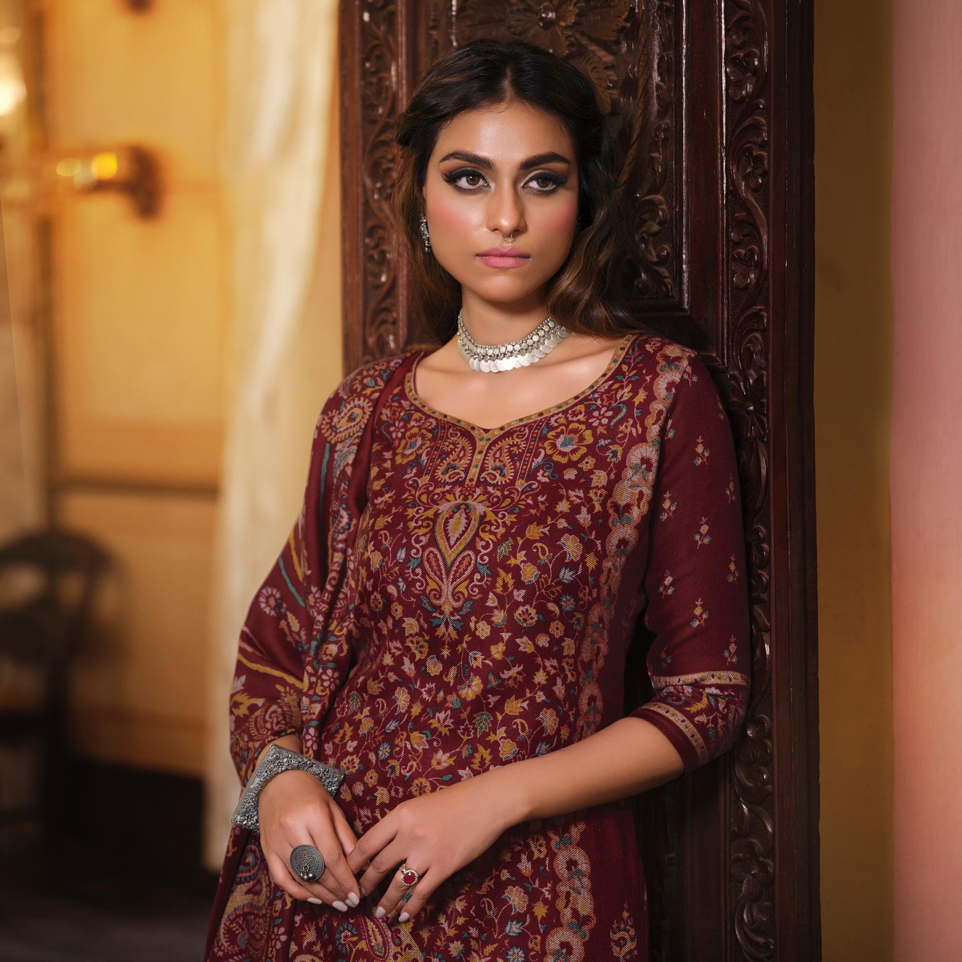 Maroon Digital Printed Pashmina Woolen Suit