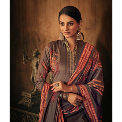 Brown Printed With Swarovski Work Pashmina Salwar Suit