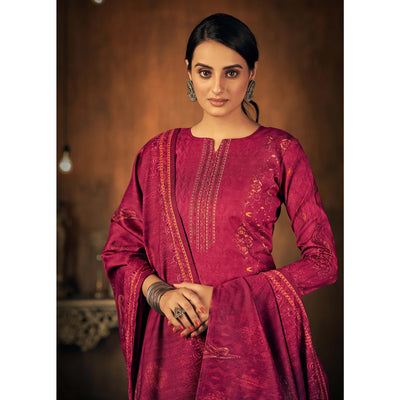 Magenta Printed With Swarovski Work Pashmina Salwar Suit