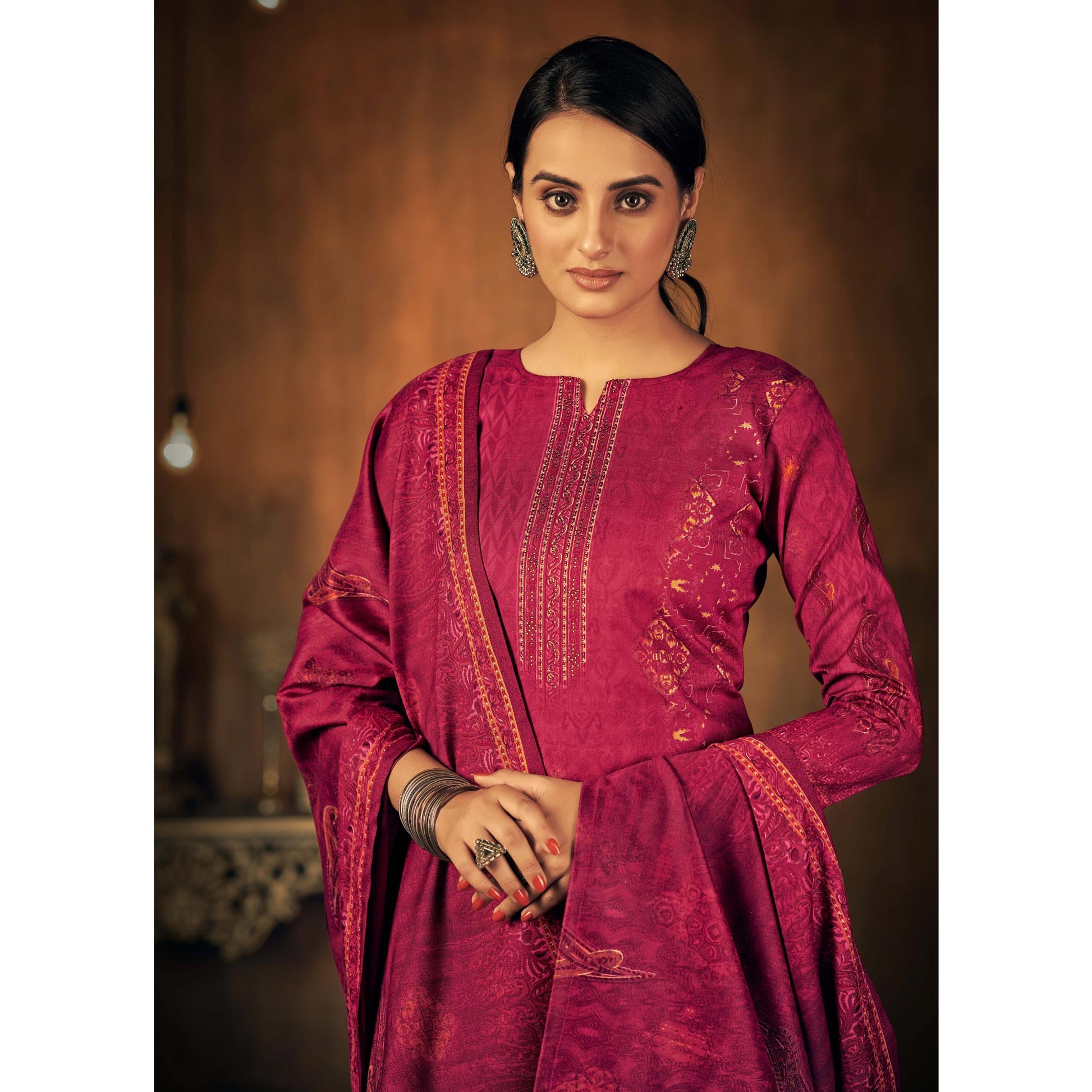Magenta Printed With Swarovski Work Pashmina Salwar Suit