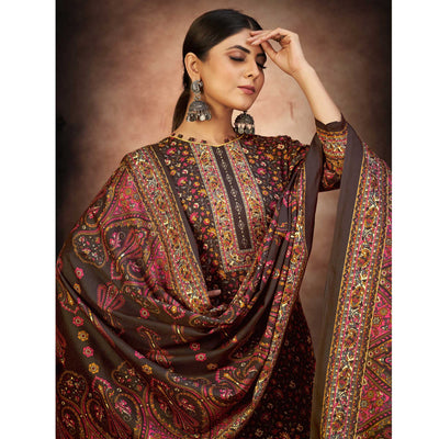 Brown Floral Printed With Swarovski Work Pashmina Suit