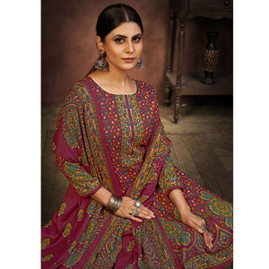 Magenta Floral Printed With Swarovski Work Pashmina Suit