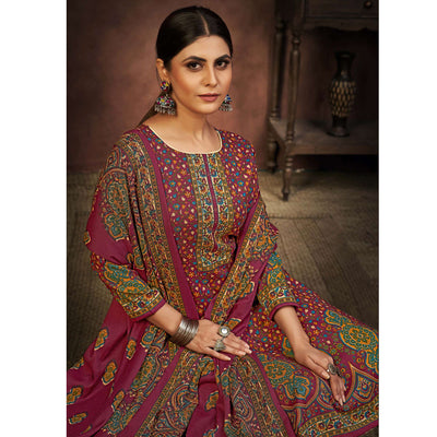 Magenta Floral Printed With Swarovski Work Pashmina Suit