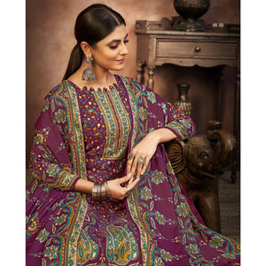 Magenta Purple Floral Printed With Swarovski Work Pashmina Suit