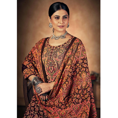 Brown Floral Printed Pashmina Woolen Suit