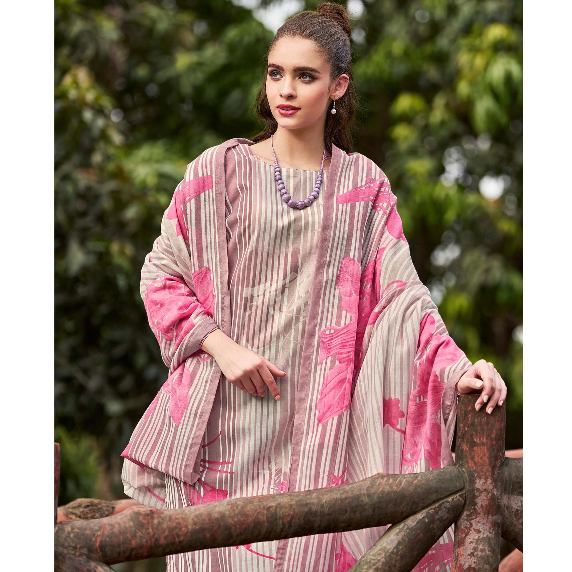 Mauve Floral Printed Pure Cotton Dress Material