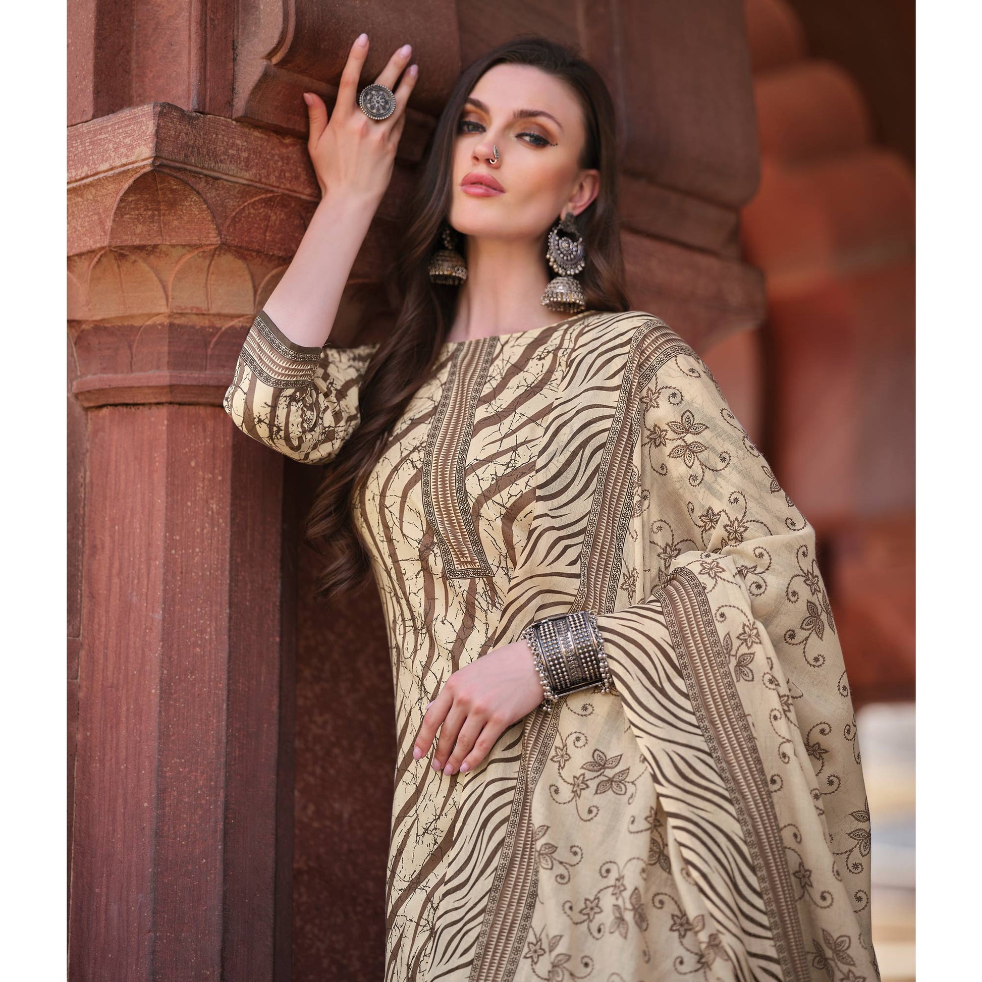 Brown Printed Pure Cotton Dress Material
