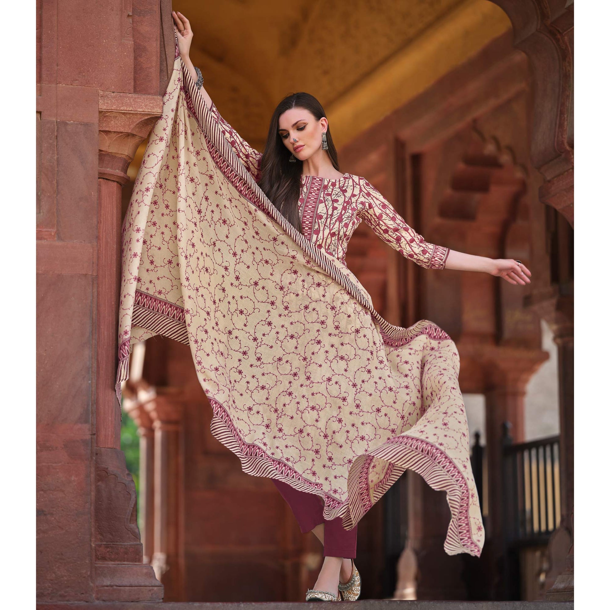 Dusty Pink Printed Pure Cotton Dress Material