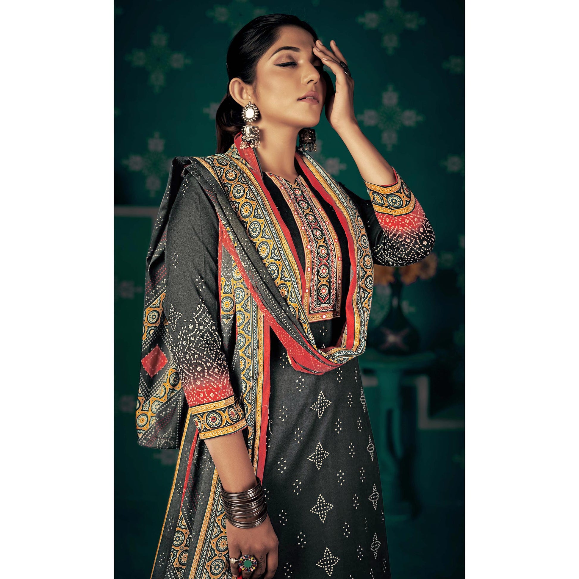 Dark Grey Bandhani Printed Pashmina Salwar Suit