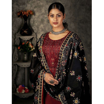 Maroon Floral Embroidered With Printed Pashmina Salwar Suit
