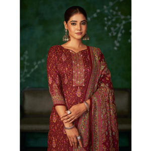 Maroon Floral Printed With Swarovski Work Pashmina Suit