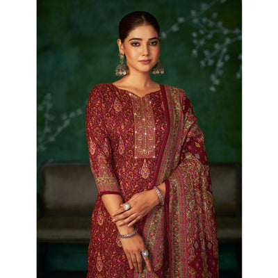 Maroon Floral Printed With Swarovski Work Pashmina Suit