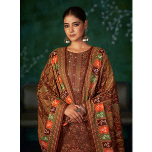 Brown Floral Printed With Swarovski Work Pashmina Suit