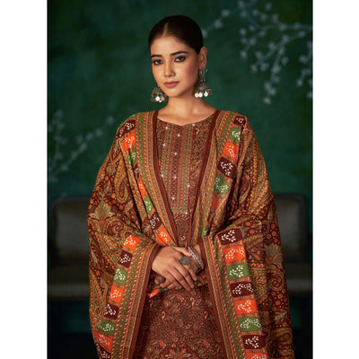 Brown Floral Printed With Swarovski Work Pashmina Suit