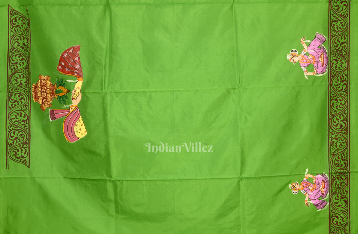 Green Doli Barat With Marriage Theme Hand-Painted Pattachitra Saree
