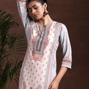 Grey Printed Poly Crepe Straight Suit With Dupatta