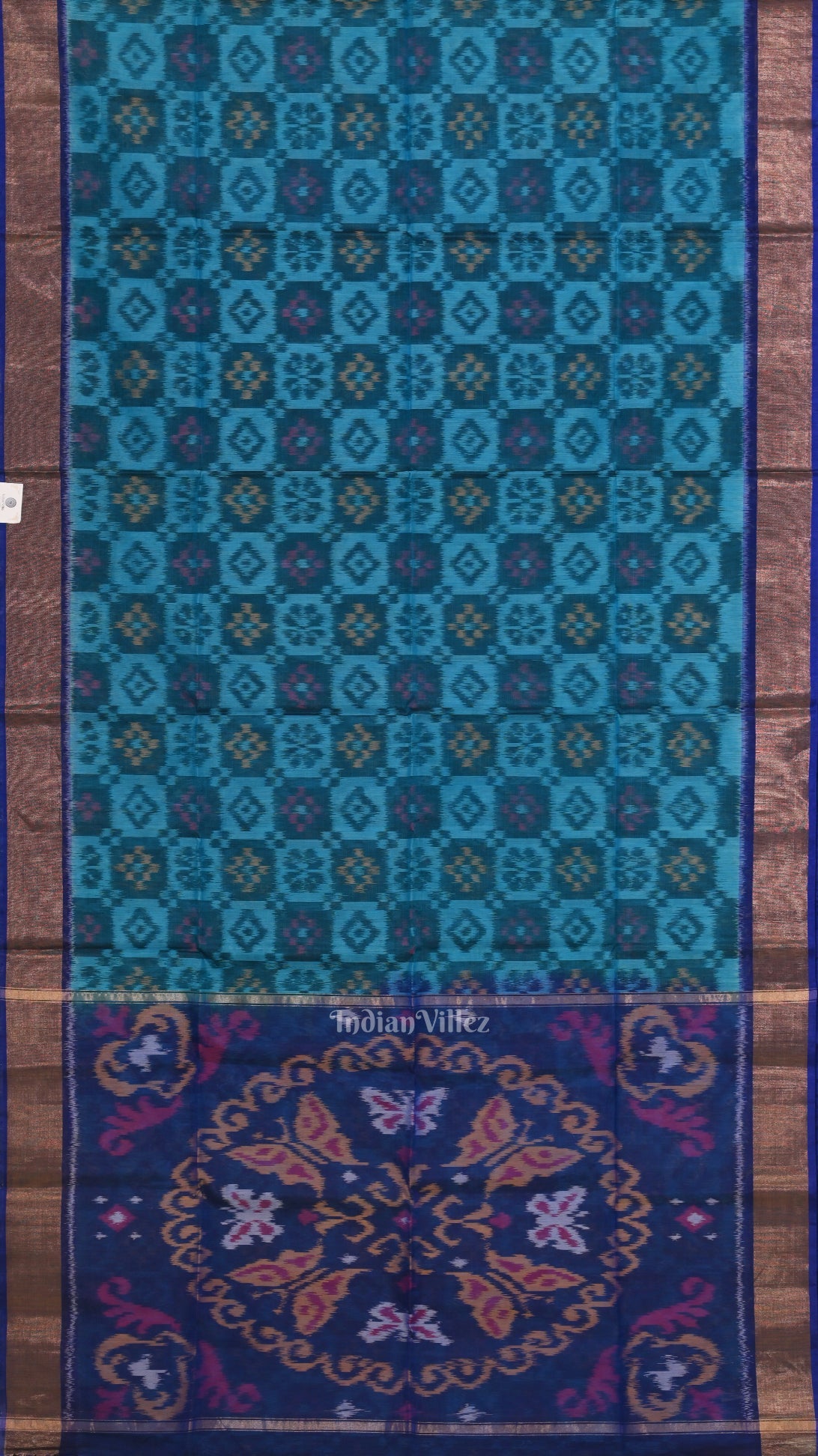 Aqua Blue  Pochampally Ikat Sico (Silk & Cotton) Saree with Zari Border