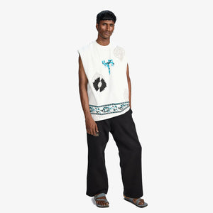 F A R A K | SLEEVELESS BLOCK-PRINTED T-SHIRT { WHITE