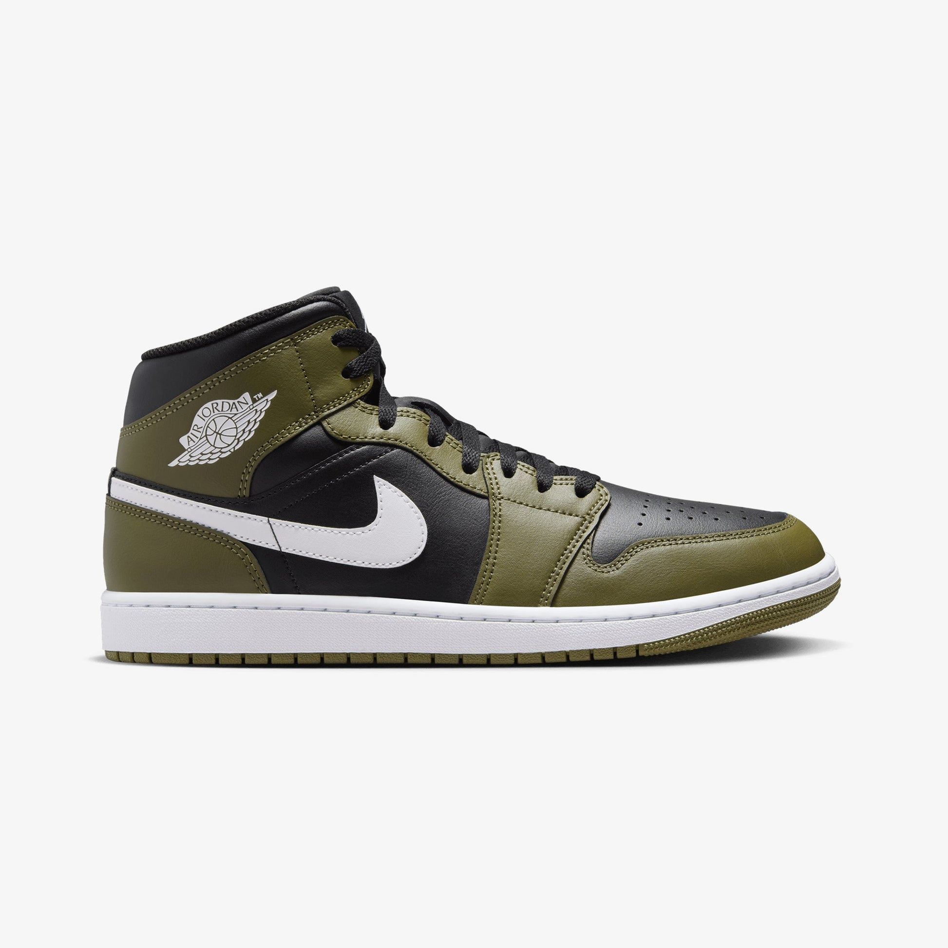 JORDAN | AIR JORDAN 1 MID { BLACK/WHITE-MEDIUM OLIVE-SAIL
