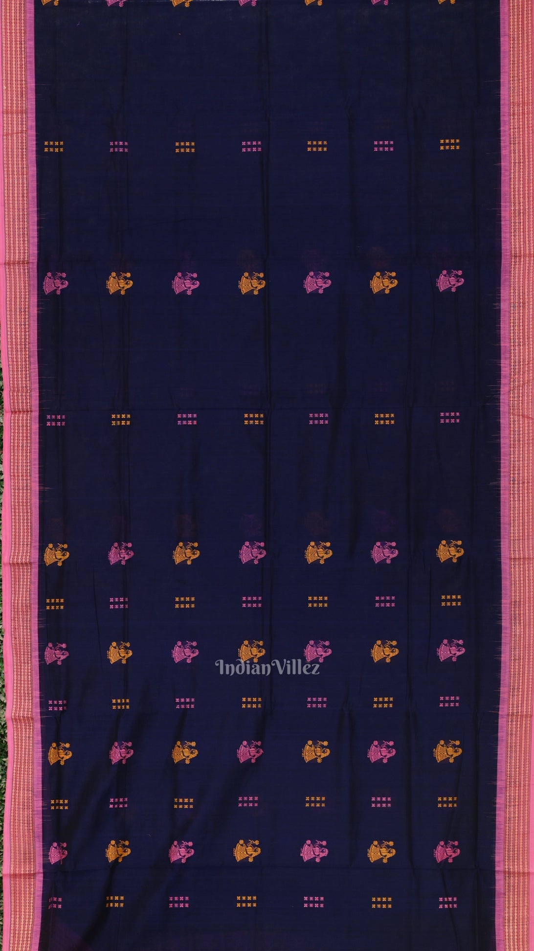 Navy Blue Pink Doll Theme Bomkai Cotton Saree