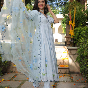 Blue Blossom Handpainted Cotton Silk Suit Set