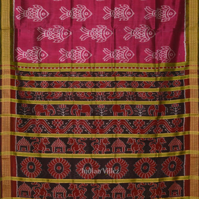 Magenta Pink Green Fish Motif Sambalpuri Odisha Ikat Contemporary Silk Saree