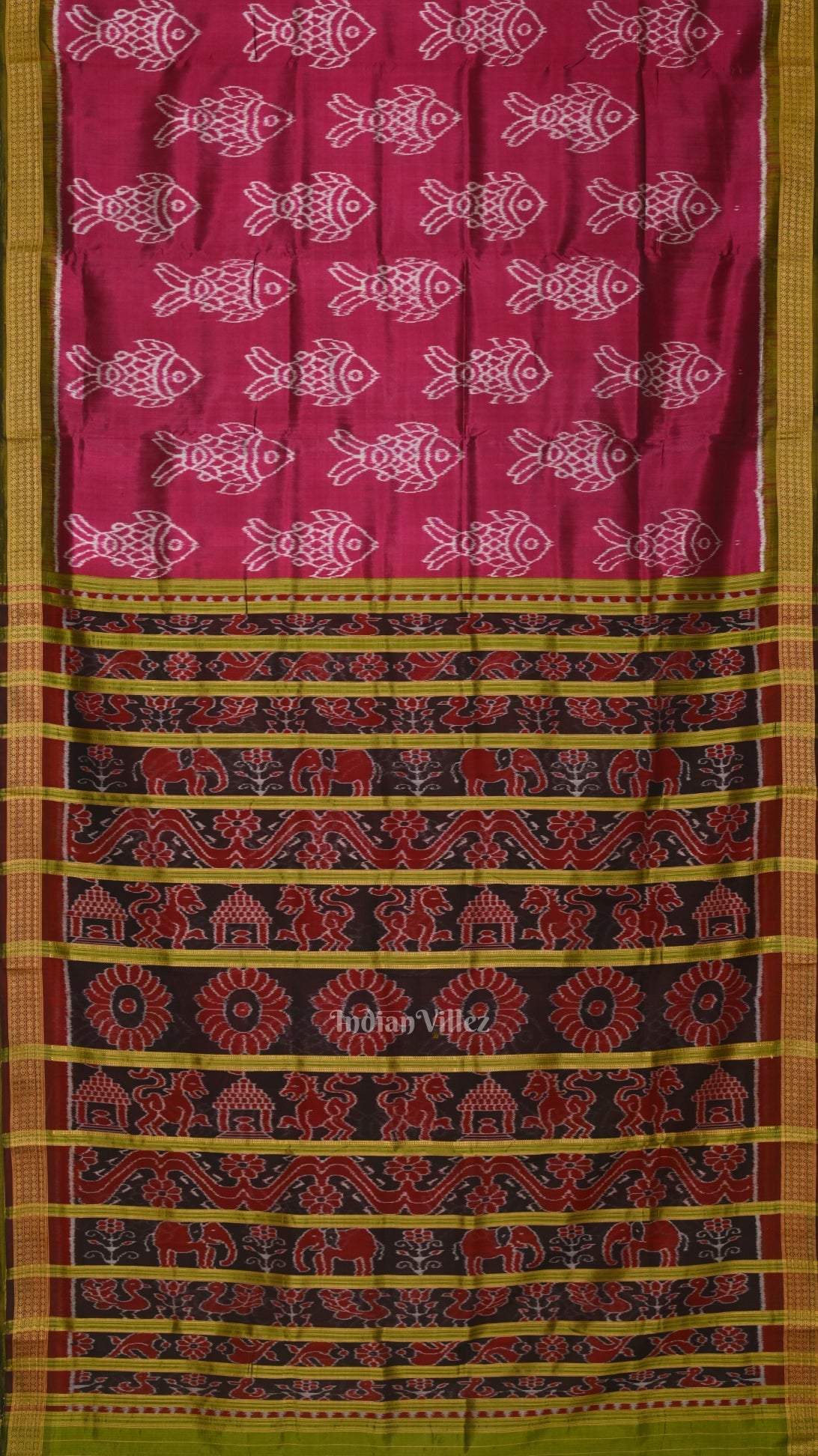 Magenta Pink Green Fish Motif Sambalpuri Odisha Ikat Contemporary Silk Saree