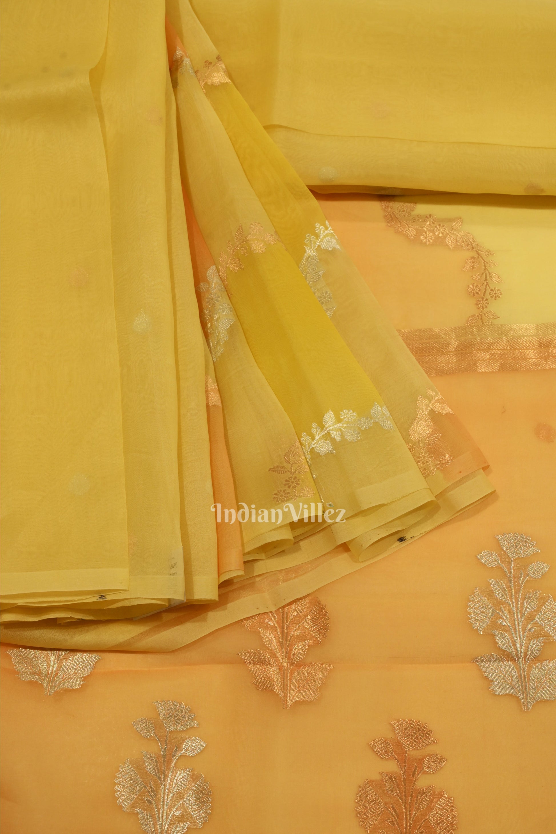 Lemon Yellow Pure Kora organza Banarasi Tissue Saree
