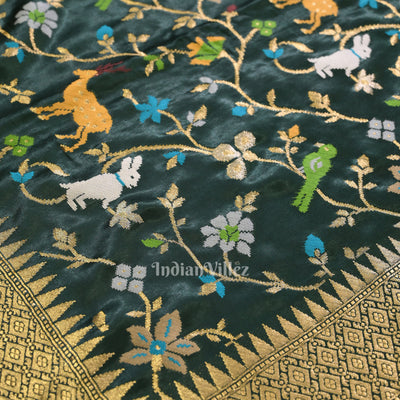 Dark Green Vintage Shikargah Theme Tussar Khaddi Georget Banarasi Saree