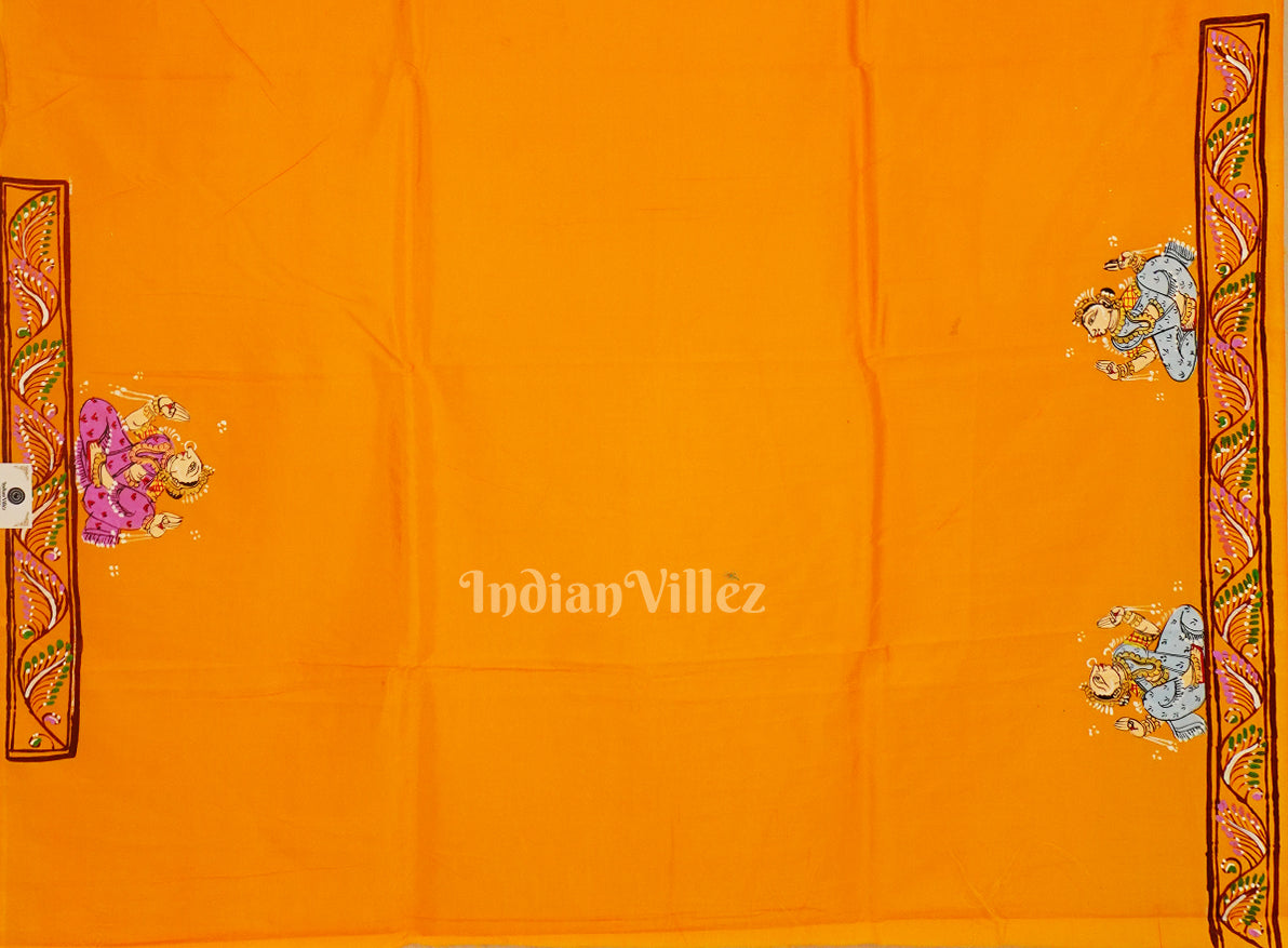 Yellow Krishna Rasa Leela Theme Hand-Painted Pattachitra Saree