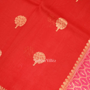 Pure Red Kora Banarasi Tissue Saree With Floral Handwork