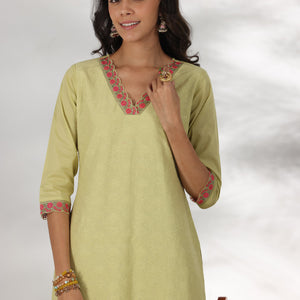 Green Embroidered Cotton Straight Suit With Dupatta