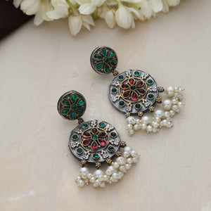 trueBrowns Silver Gold Tone Circular Stone Earrings