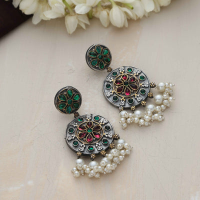 trueBrowns Silver Gold Tone Circular Stone Earrings
