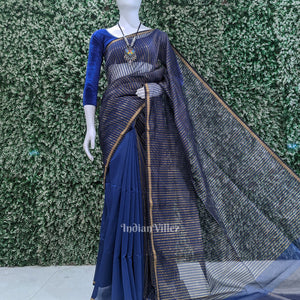 Blue Stripped Pure Silk Cotton Maheshwari Saree