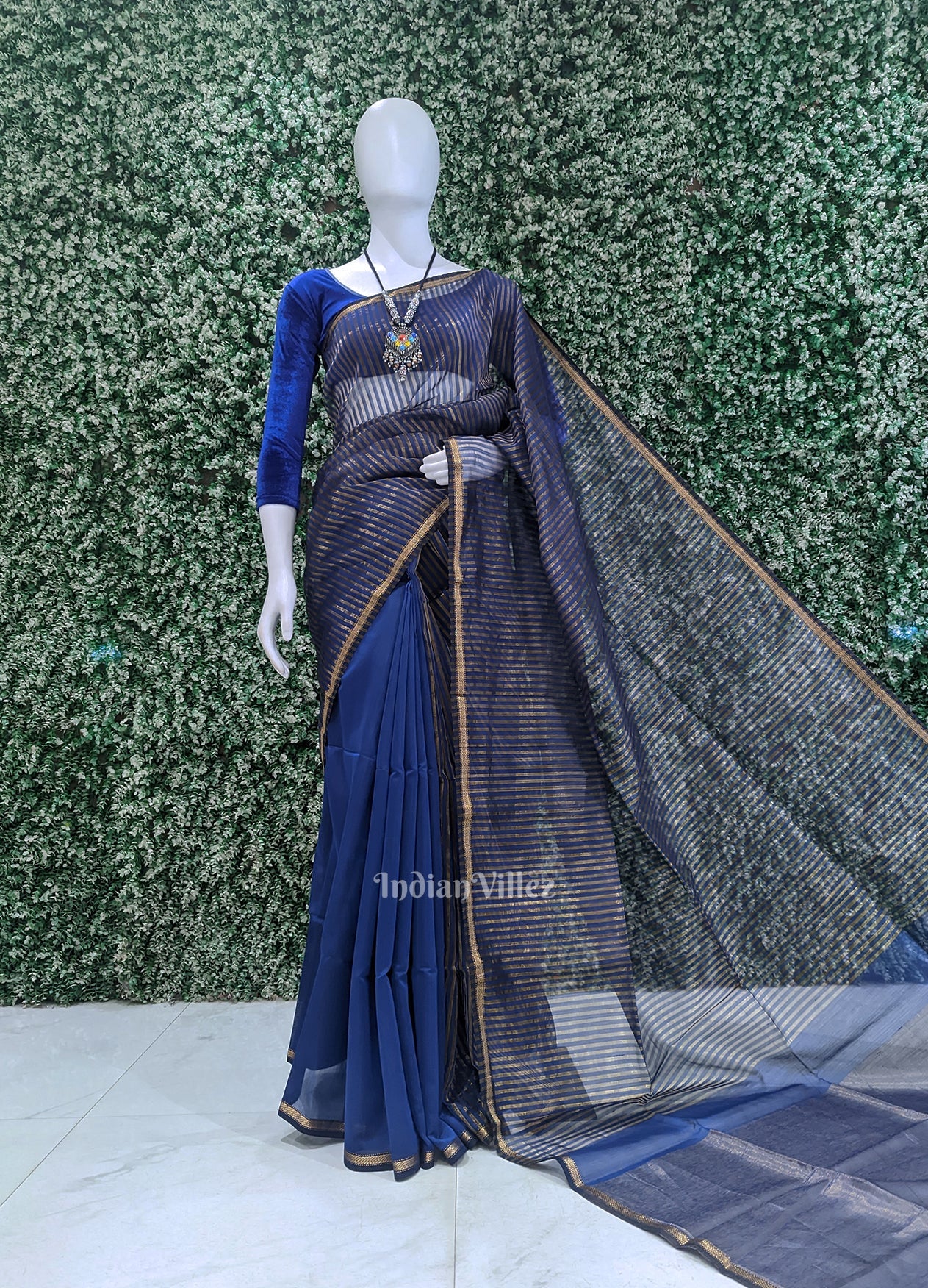Blue Stripped Pure Silk Cotton Maheshwari Saree