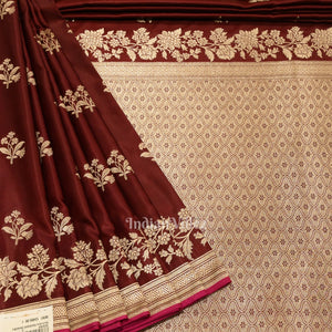 Deep Maroon Flower Motif Mashru Satin Silk Banarasi Saree