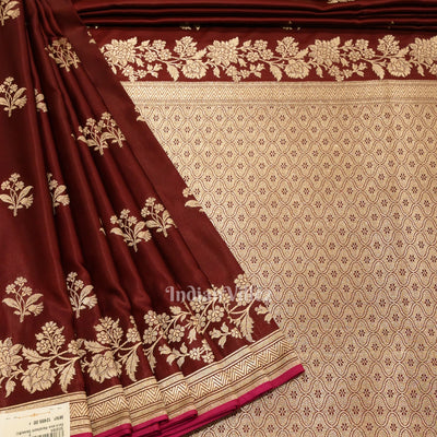 Deep Maroon Flower Motif Mashru Satin Silk Banarasi Saree