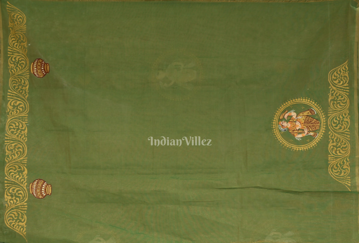 Green Nartaki Theme Hand- Painted Pattachitra Saree
