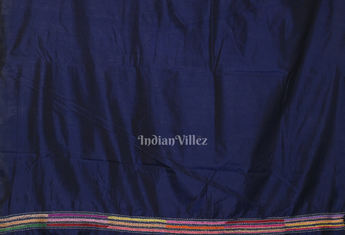 Royal Blue Handwoven Kantha Stitch Silk Saree
