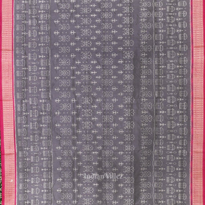 Cement Gray Rani Pink Tribal Theme Sambalpuri Silk Saree