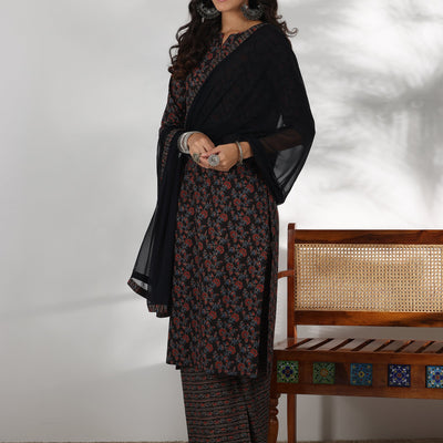Black Printed Cotton Straight Suit With Dupatta