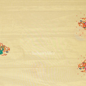 Cream Kerala Tissue Marriage Theme Hand-Painted Pattachitra Saree