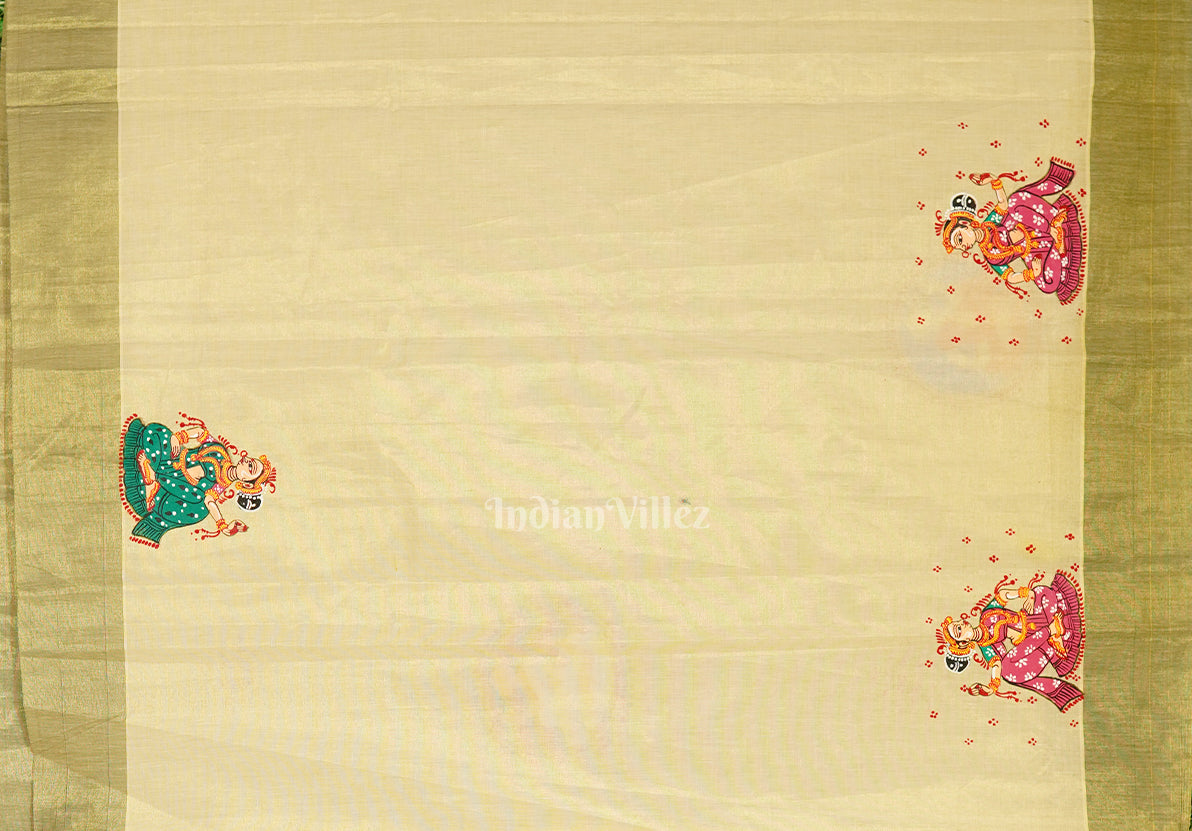 Cream Kerala Tissue Marriage Theme Hand-Painted Pattachitra Saree