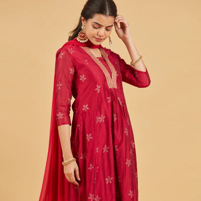 Magenta Red  Festive Kurta Set With Matching Dupatta