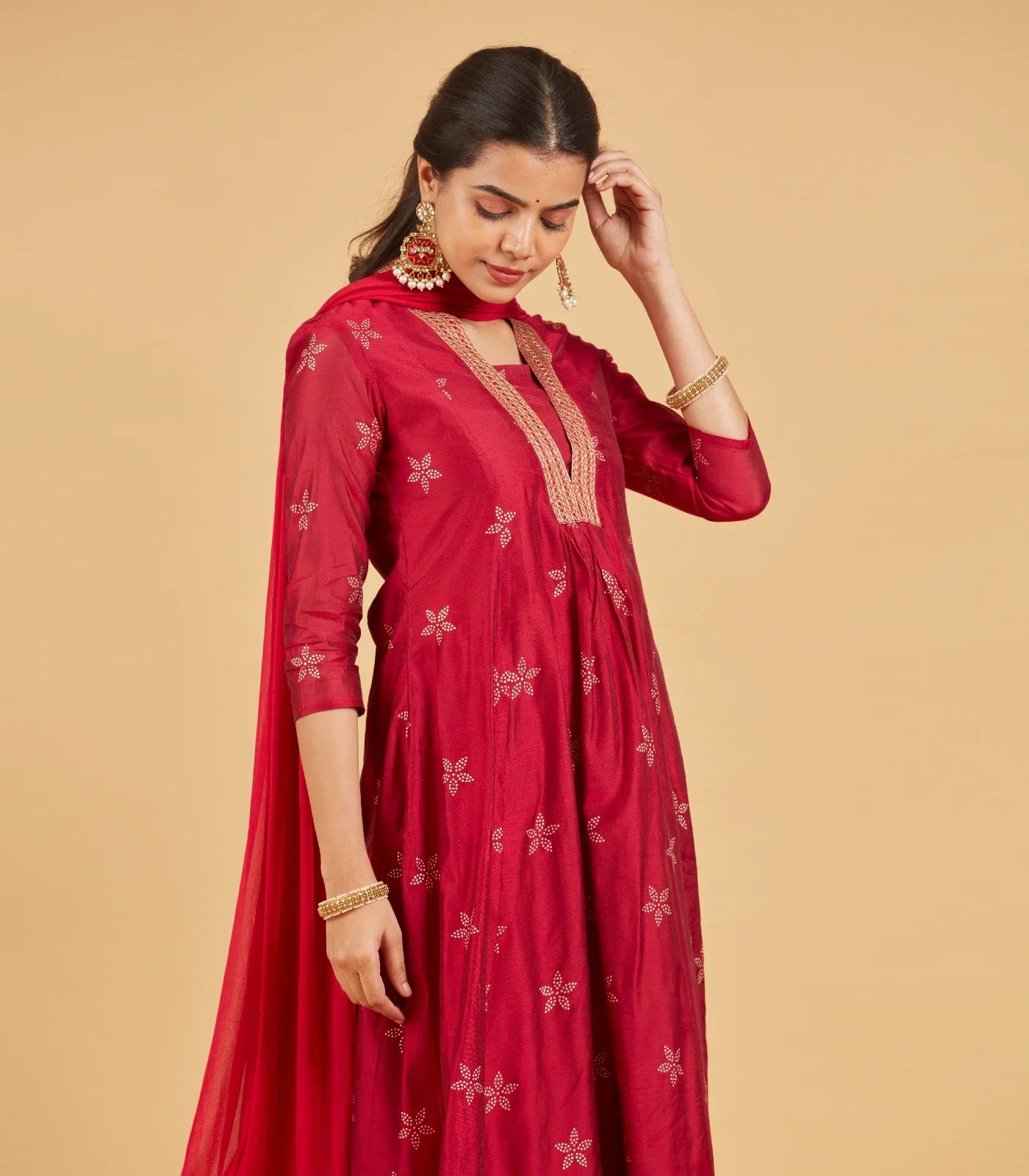 Magenta Red  Festive Kurta Set With Matching Dupatta
