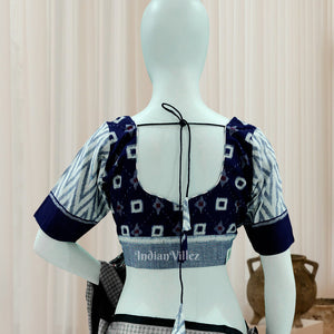 White Blue Pasapali Theme Odisha Ikat Sambalpuri Cotton Blouse