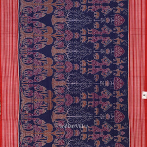 Navy Blue Red Animal Theme Sambalpuri Ikat Cotton Saree