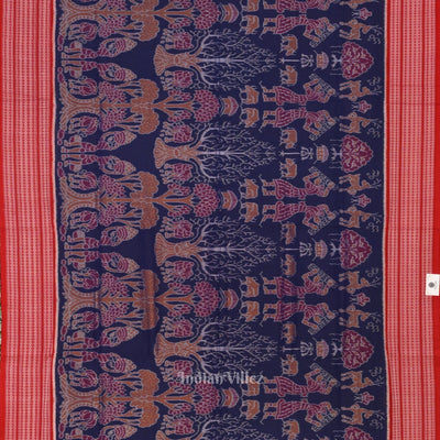 Navy Blue Red Animal Theme Sambalpuri Ikat Cotton Saree